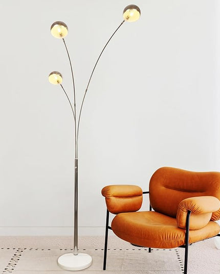 Depuley 3-Light Modern LED Floor Lamp, Adjustable Metal Tall Standing Lamps with Marble Base, Dimmable Arc Floor Lamp with Flexible Rotating Lights for Living Room, Bedroom(Silver, E12 Bulbs Included) - LeafyLoom