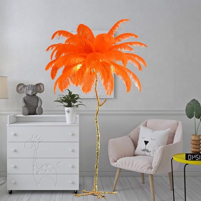 Romantic Ostrich Feather Floor Lamp Modern Luxury Resin Ostrich Feather LED Lamp Living Room Bedroom Corner Decoration Floor lamp(Orange) - LeafyLoom