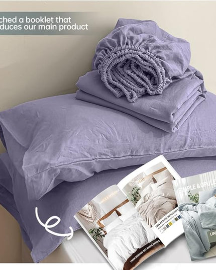 Simple&Opulence 100% Linen Sheet Set Solid Color-4 Pcs Washed French Linen Bed Sheets-Breathable Bedding Set-1 Flat Sheet,1 Fitted Sheet,2 Pillowcases (Queen,Lilac) - LeafyLoom