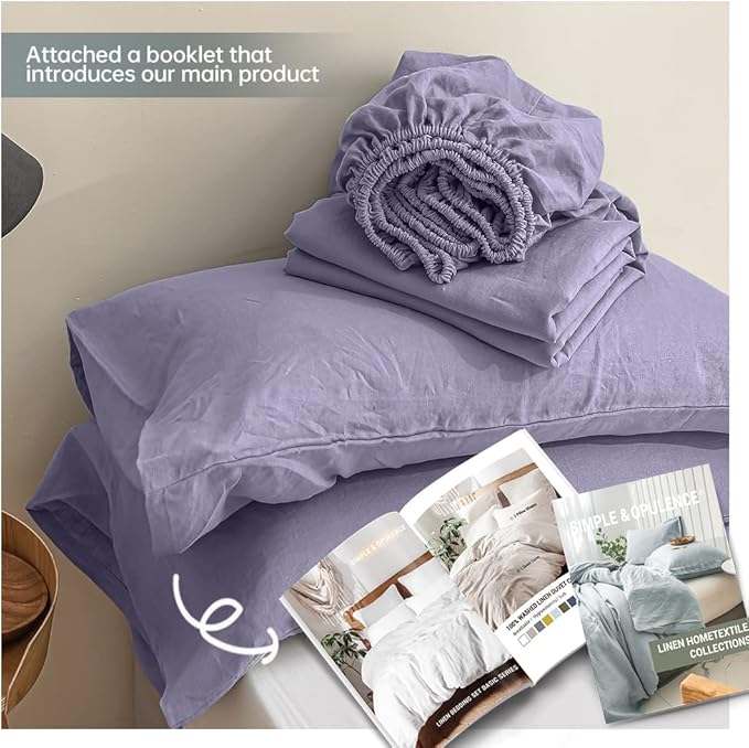 Simple&Opulence 100% Linen Sheet Set Solid Color-4 Pcs Washed French Linen Bed Sheets-Breathable Bedding Set-1 Flat Sheet,1 Fitted Sheet,2 Pillowcases (Queen,Lilac) - LeafyLoom