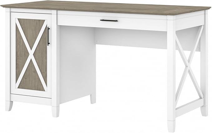 Bush Furniture Key West Computer Desk with Storage | Farmhouse PC Table for Home Office in Pure White and Shiplap Gray | 54W x 24D - LeafyLoom