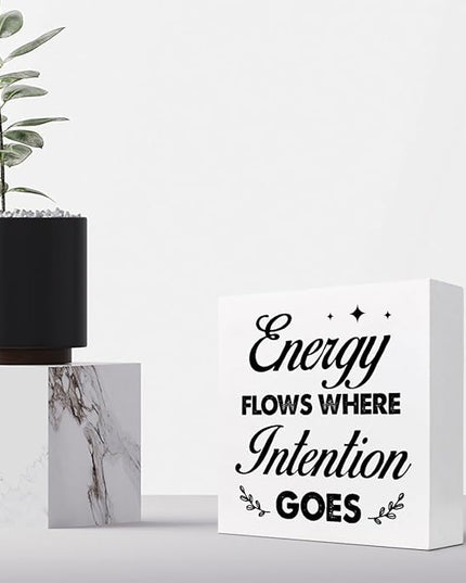 Energy Flows Where Intention Goes Wood Block Sign Desk Decor,Inspirational Wooden Box Plaque Sign Desk Decor for Home Office Cubicle Shelf Table Decor Decorations - LeafyLoom