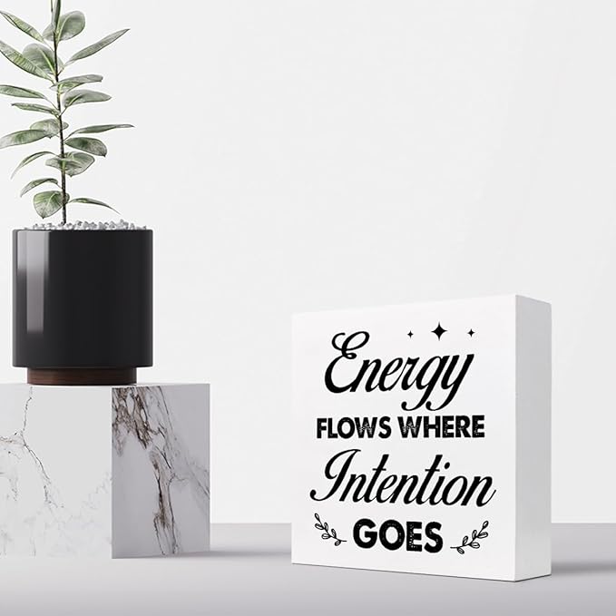 Energy Flows Where Intention Goes Wood Block Sign Desk Decor,Inspirational Wooden Box Plaque Sign Desk Decor for Home Office Cubicle Shelf Table Decor Decorations - LeafyLoom