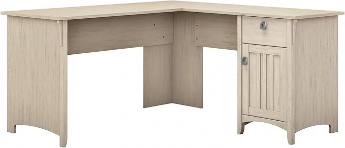 Bush Furniture Salinas L Shaped Desk with Storage in Antique White | Modern Farmhouse Corner Table with Drawers and Cabinets for Home Office - LeafyLoom
