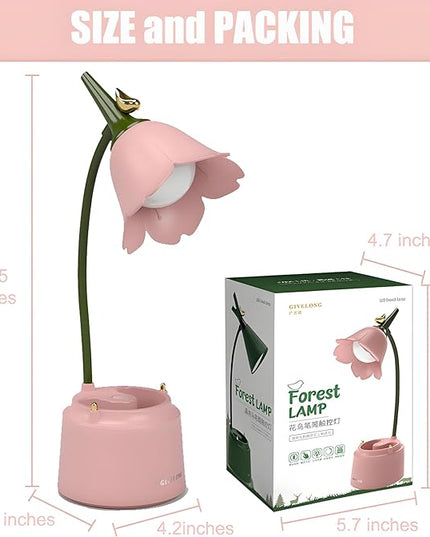 Cute LED Desk Lamp Kawaii Desk Accessories, Flower Bird Table lamp USB Rechargeable, 3 Color Modes, Stepless Dimming, Touch-Sensitive Switch Kawaii Room Decor Lamp, Eye Caring Reading Lamp (Pink) - LeafyLoom