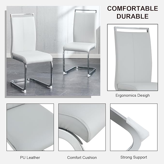 Dining Chairs Set, Kitchen Modern Metal Chairs with Faux Leather Padded Seat High Back and Sturdy Chrome Legs, Chairs for Dining Room (Light Gray, Set of 2) - LeafyLoom