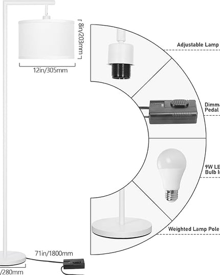 Boncoo Floor Lamp, Floor Lamps for Living Room with Adjustable Silk Shade, Stepless Modern Dimmable Floor Lamp, LED Standing Lamp for Bedroom Office Dorm Room, 9W Bulb Included-White - LeafyLoom