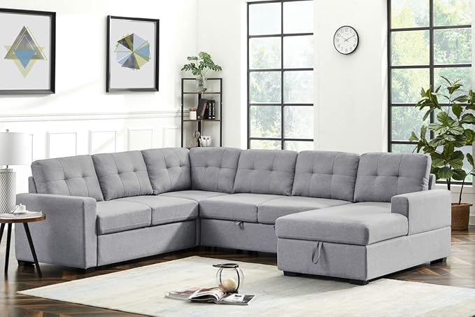 LOVMOR Living Room U Shape Large Sectional Sofa with Pull Out Sleeper Bed, Storage Chaise, Corner Couch with Arms and 2 Cup Holder for Home Furniture, Apartment, Dorm, Light Gray, 90 Inch - LeafyLoom