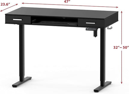 SHW 48-Inch Electric Height Adjustable Desk with Keyboard Tray and Two Drawers, Black - LeafyLoom