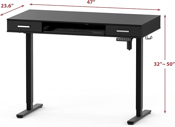SHW 48-Inch Electric Height Adjustable Desk with Keyboard Tray and Two Drawers, Black - LeafyLoom