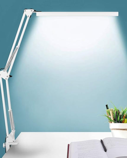 LED Desk Lamp, Manicure Table Lamp, 16" Lamp Head, Dimmable Eye-Caring Drafting Light with 3 Color Modes, 10 Brightness Levels & Adapter, Memory Function(White) - LeafyLoom