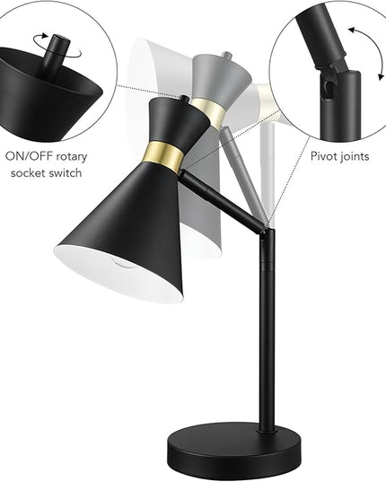 Globe Electric 61000056 16" Desk Lamp, Matte Black Finish, Matte Brass Accents, Pivot Joint, On/Off Rotary Switch on Socket, E26 Base Bulb, Lamp for Living Room, Home Office, Home Improvement - LeafyLoom