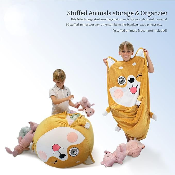 Shiba Inu Dog Stuffed Animal Storage for Children Room Decorations, Boys and Girls Bean Bag Chairs, Toys Organizers, Velvet Fabric Super Soft Large Size Cover Only - LeafyLoom