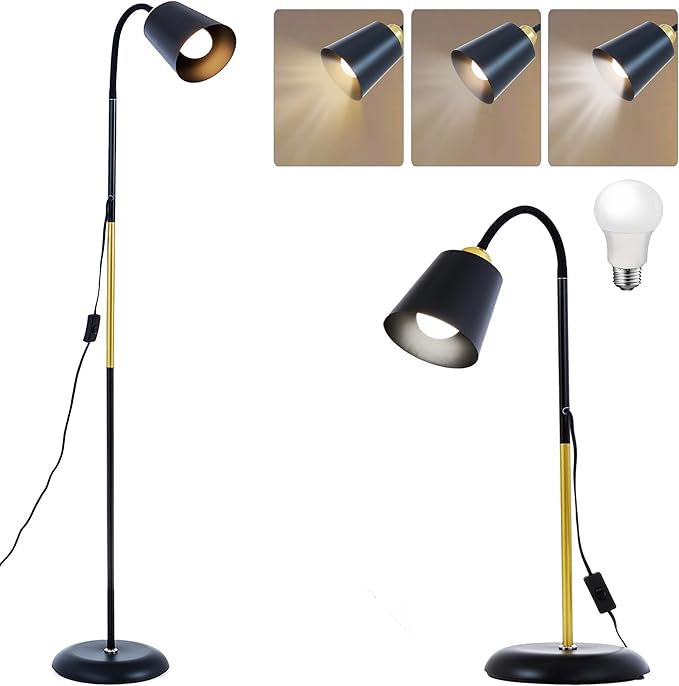 AoMck Floor Lamp, Industrial Metal Floor Standing Lamps Bendable Floor Lamp with Adjustable Gooseneck 2 in 1 Floor Reading Table Lamps for Living Room Bedroom Office(Black) - LeafyLoom