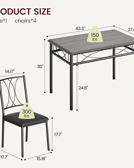 Dining Table Set, 5 Piece Dining Table set for 4, Rectangle Kitchen Table Set with 4 Upholstered Chairs, Dining Table Set for Small Space, Apartment, Retro Gray - LeafyLoom
