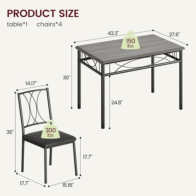 Kitchen Table and Chairs for 4, Dining Table Set for 4 with Upholstered Chairs, Kitchen Table Set Metal and Wood Rectangular Dining Table Set for Small Space, Apartment, Breakfast, Retro Gray - LeafyLoom