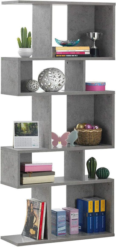 Giantex 5-Tier Geometric Bookshelf, 70" Tall Wood Freestanding Decorative Display Open Shelves with Anti-Tipping Device, Each Shelf Holds up to 44 lbs, Wooden S Shaped Bookcase, Gray - LeafyLoom