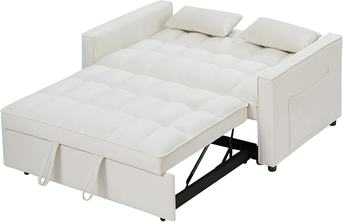 3 in 1 Convertible Loveseat Sleeper Sofa Bed,Modern Velvet Tufted Upholstered Love Seats Sofabed W/Pull Out Sleep Couch and 2 Pillows for Living Room, 55.21", Beige-1123 - LeafyLoom