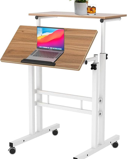 sogesfurniture Mobile Standing Desk Laptop Workstation on Wheels, Adjustable Computer Desk for Standing or Sitting, Oak 101-OK - LeafyLoom