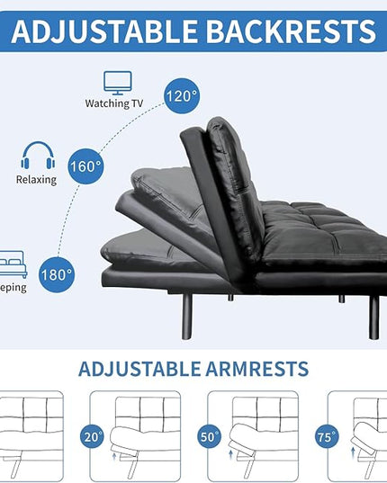 MUUEGM Faux Leather Futon Sofa Bed, Convertible Memory Foam Couch Bed, Modern Love Seat for Living Room,Compact Space,Apartment,Office,Adjustable Backrests Armrests Couch Sleeper,71" Matte Black - LeafyLoom
