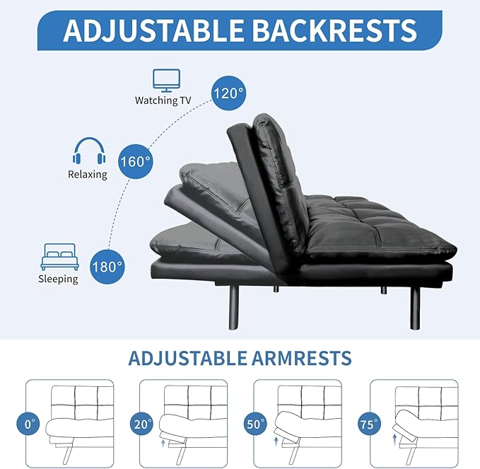 MUUEGM Faux Leather Futon Sofa Bed, Convertible Memory Foam Couch Bed, Modern Love Seat for Living Room,Compact Space,Apartment,Office,Adjustable Backrests Armrests Couch Sleeper,71" Matte Black - LeafyLoom