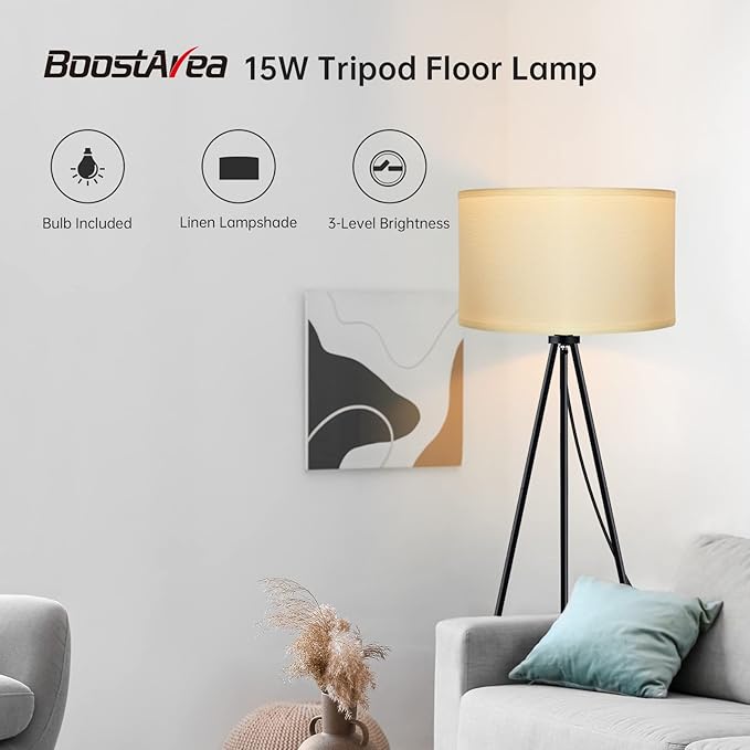 BoostArea Floor Lamp for Living Room, Tripod Floor Lamp, 15W LED Bulb, 3 Levels Dimmable Brightness, White Linen Lamp Shade, Mid Century Standing Lamp for Living Room, Bedroom, Study Room and Office - LeafyLoom