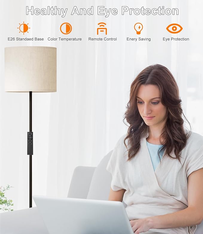 LED Floor Lamp for Living Room,Dimmable Standing Lamps with Lampshade and LED Bulb,Custom Color Temperature Tall Lamp for Bedroom with Foot Switch and Remote,Black Pole Lamp for Kid Room - LeafyLoom