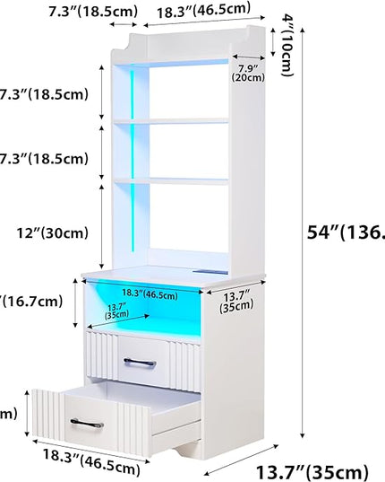Vlsrka Nightstand Set of 2, Nightstand with Charging Station and LED Lights, Smart Night Stand with Bookshelf, Modern Bedside Tables with Storage Cabinet for Bedroom, Human Sensor Function, White - LeafyLoom
