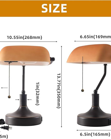 Vintage Bankers Desk Lamp with Pull Chain Switch, Traditional Desk Lamp with USB A and Type C Charging Port, Oil Rubbed Bronze Table Lamp with Amber Glass Shade for Office, Library, Study Room - LeafyLoom