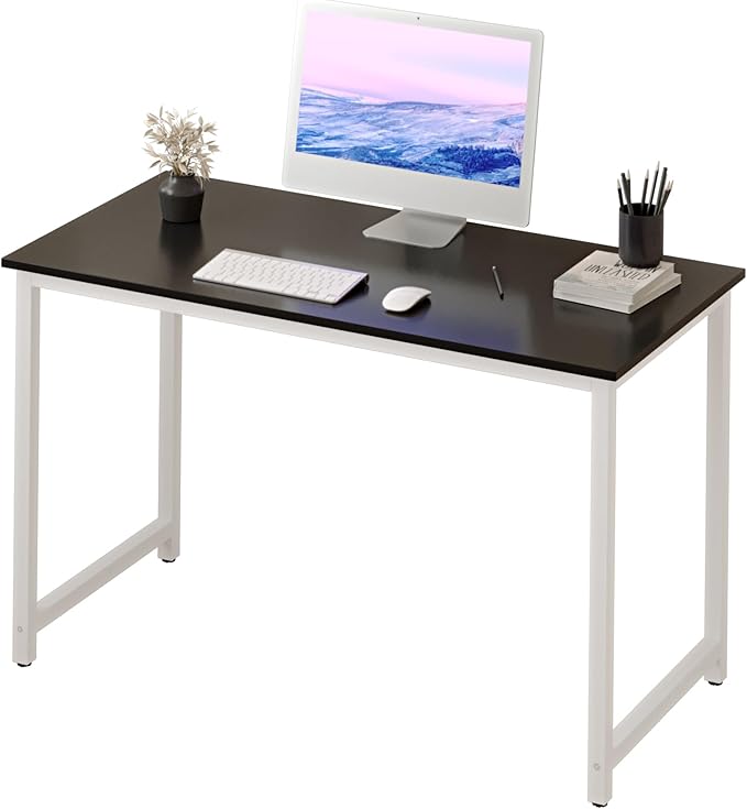 Halter Computer Desk for Home Office 47” Work Table Easy Assembly Black Desk White Frame - LeafyLoom