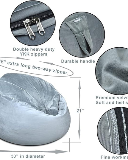 Bean Bag Chair Cover, Stuffed Animal Storage, Plush Toys Organizer Holder, Beanbag Chairs Cover for Kids Teans and Adults Super Soft and Comfortable Fabric X-Large with Handle and Zipper -Round Grey - LeafyLoom