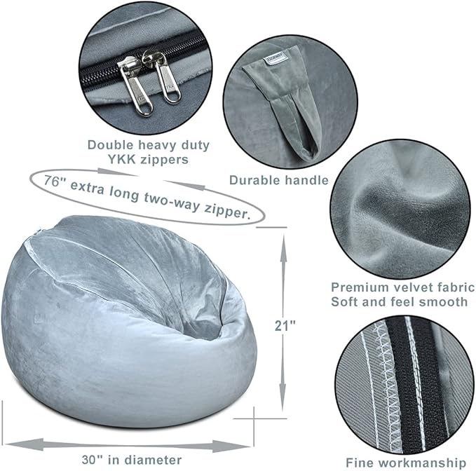 Bean Bag Chair Cover, Stuffed Animal Storage, Plush Toys Organizer Holder, Beanbag Chairs Cover for Kids Teans and Adults Super Soft and Comfortable Fabric X-Large with Handle and Zipper -Round Grey - LeafyLoom