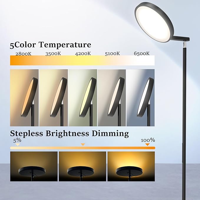 JOOFO Folding Floor Lamp, Sky LED Floor Lamp with Modern Folding Torchiere Design, 5 Color Temperatures Lamp with Remote and Touch Pad, Perfect Standing Folding Light for Bedroom,Office(Black-Folding) - LeafyLoom