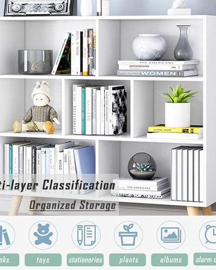 IOTXY Wooden Open Shelf Bookcase - 3-Tier Floorstanding Display Cabinet Rack with Legs, 7 Cubes Free Standing Bookshelf, Warm White - LeafyLoom