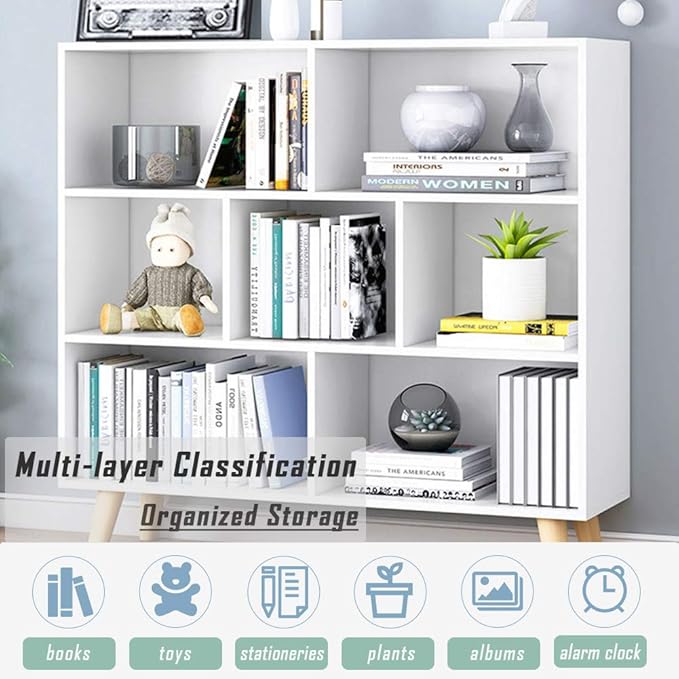 IOTXY Wooden Open Shelf Bookcase - 3-Tier Floorstanding Display Cabinet Rack with Legs, 7 Cubes Free Standing Bookshelf, Warm White - LeafyLoom