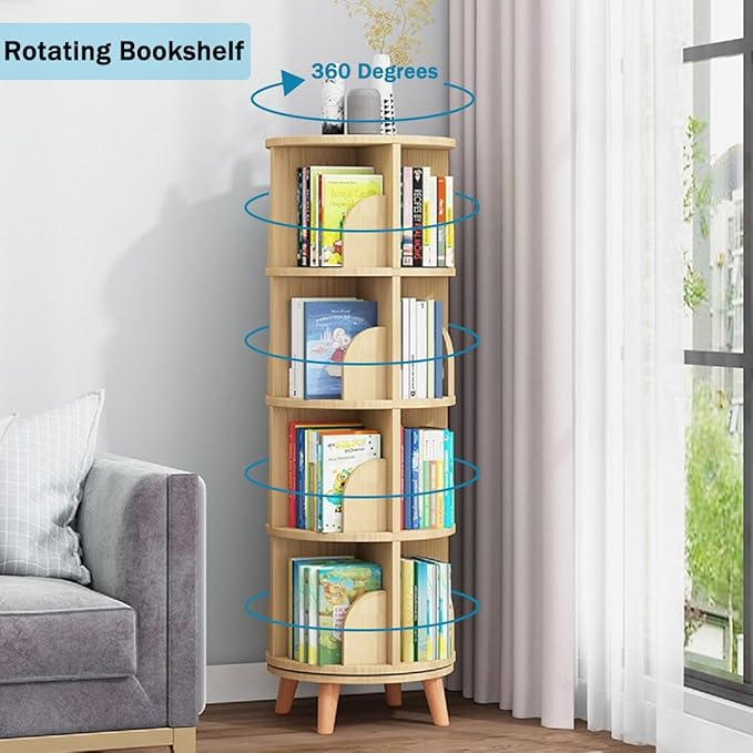 Gdrasuya10 4 Tier Rotating Bookshelf with Legs, Floor Standing Bookshelf Stackable Bookshelf Wood Bookcase Storage 360 Display Book Shelf for Living Room Bedroom - LeafyLoom