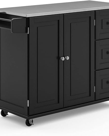 Homestyles Kitchen Cart with Stainless Steel Metal Top, Rolling Mobile Kitchen Island with Storage and Towel Rack, 54 Inch Width, Black - LeafyLoom