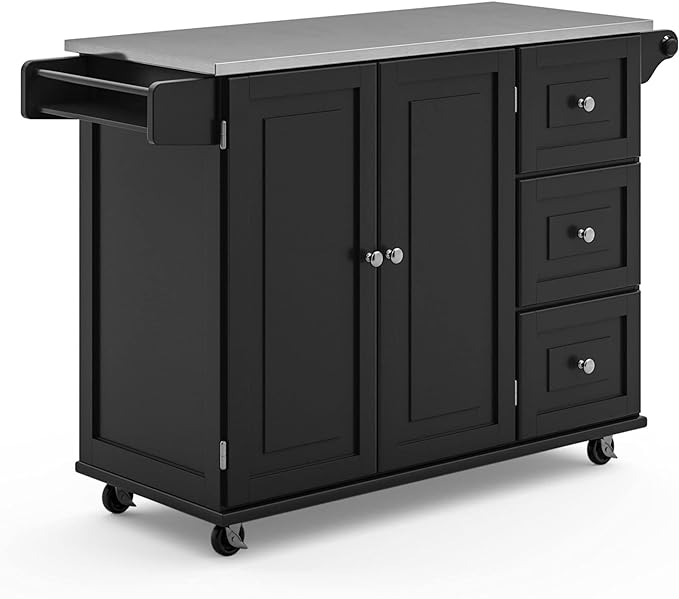 Homestyles Kitchen Cart with Stainless Steel Metal Top, Rolling Mobile Kitchen Island with Storage and Towel Rack, 54 Inch Width, Black - LeafyLoom