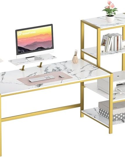 GreenForest Computer Desk with Storage Printer Shelf, 67 inch Home Office Vanity Desk with Movable Monitor Stand and 2 Headphone Hook for PC Makeup Writing Study, White and Golden - LeafyLoom