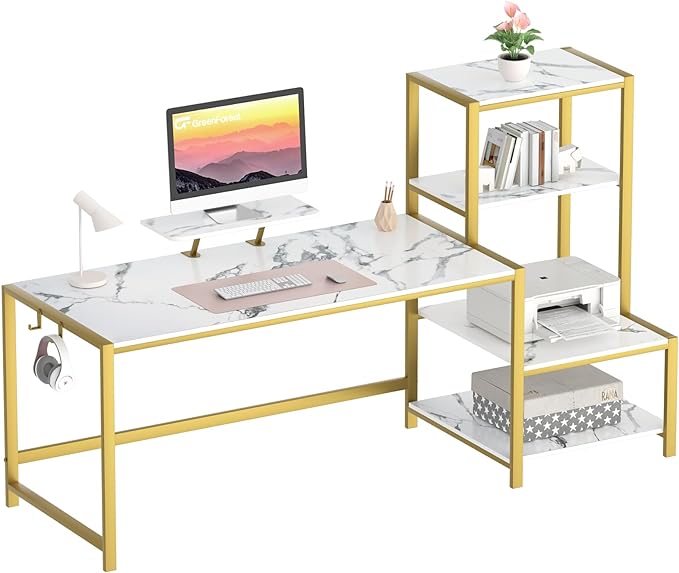 GreenForest Computer Desk with Storage Printer Shelf, 67 inch Home Office Vanity Desk with Movable Monitor Stand and 2 Headphone Hook for PC Makeup Writing Study, White and Golden - LeafyLoom