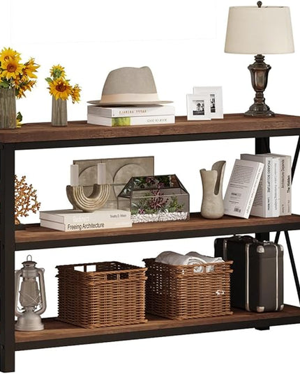 BON AUGURE Rustic Console Table Behind Couch, Industrial Entryway Table with Shelves, 3 Tier Sofa Table for Living Room (47 Inch, Rustic Oak) - LeafyLoom