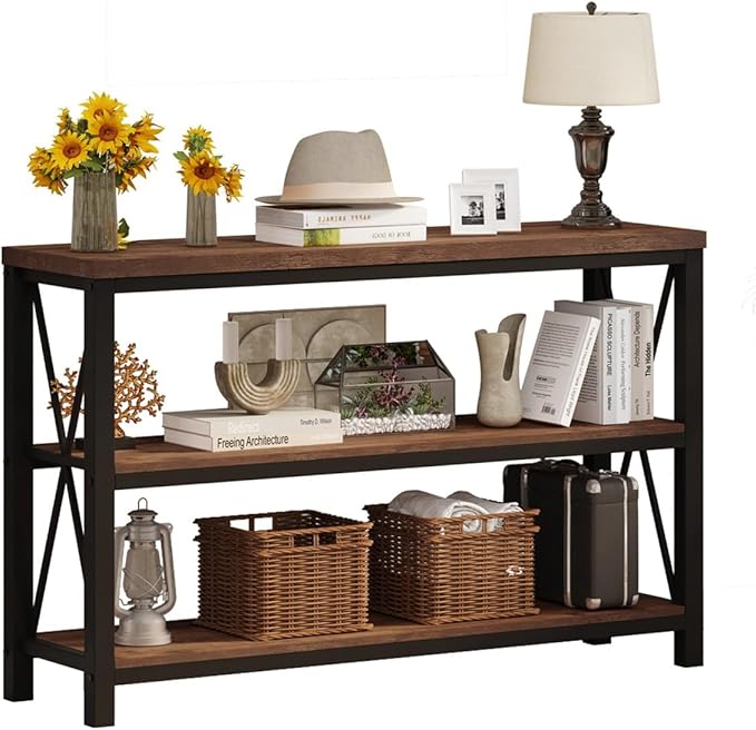 BON AUGURE Rustic Console Table Behind Couch, Industrial Entryway Table with Shelves, 3 Tier Sofa Table for Living Room (47 Inch, Rustic Oak) - LeafyLoom