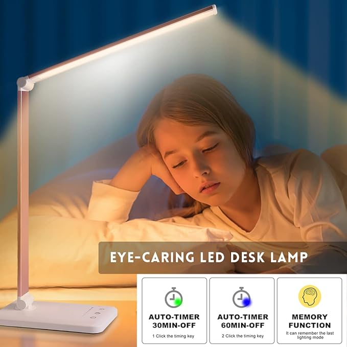 Led Desk Lamp, Desk Lamp with USB Charging Port, 5 Color Modes, 10 Brightness, Natural Light, Eye Caring Reading Lamp, Desk Light for Home Office, Table Lamp, Touch Control, Auto-Timer, Pink - LeafyLoom