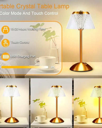 Portable Crystal Table Lamp,Cordless Metal Vintage Desk Lamp,3 Color Touch Control Rechargeable Lamp,3-Levels Brightness Room Decor Desk Lamp,Living Room,Kitchen,Dining Room Lamp (Gold) - LeafyLoom