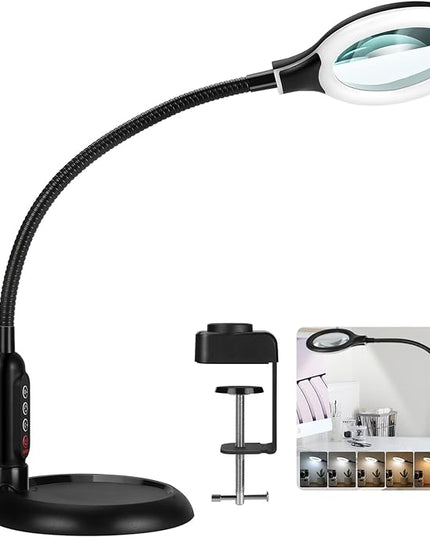 8X Magnifying Glass with Light and Clamp, 5 Color Modes Stepless Dimmable Lighted Magnifier with Stand, Flexible Gooseneck LED Desk Lamp Hands Free for Craft Reading Painting Hobby Close Work - LeafyLoom