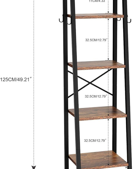 YMYNY 4 Tiers Ladder Bookcase, Industrial Narrow Bookshelf, Open Display Rack with 4 S Hooks, Metal Storage Shelves for Bedroom, Home Office, Living Room, Rustic Brown, 49.2H*13.4L*11.8W, UHBC024H - LeafyLoom