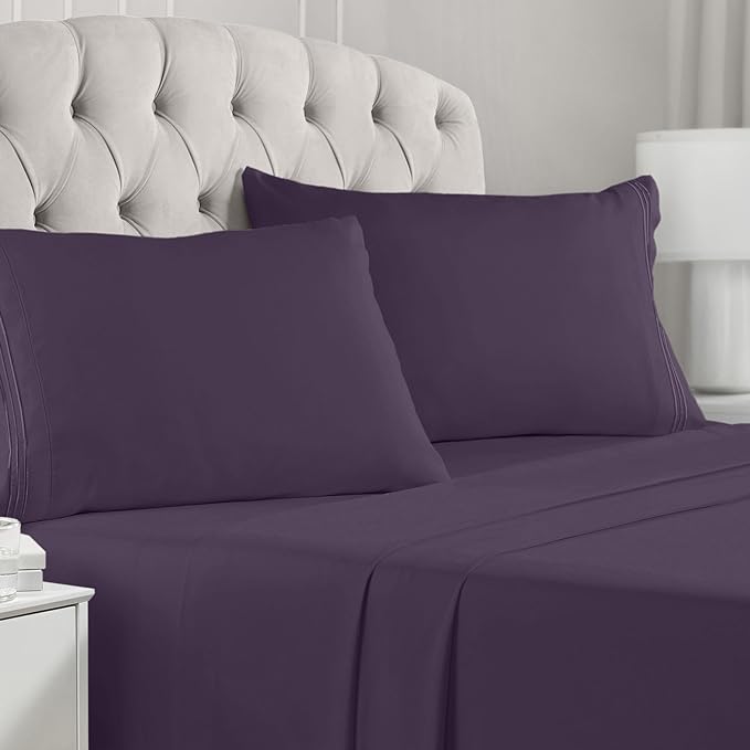 Mellanni California King Sheets Set - 4 PC Iconic Collection Bedding Sheets & Pillowcases - Hotel Luxury, Extra Soft, Cooling Bed Sheets - Deep Pocket up to 16 inch (Cal King, Purple) - LeafyLoom