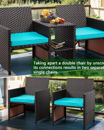 Shintenchi Wicker Patio Conversation Furniture Set with Detachable Chairs & Table and Two Removable Cushions,Rattan Wicker Lover Chair for Patio,Garden, Courtyard and Lawn Backyard (Blue) - LeafyLoom