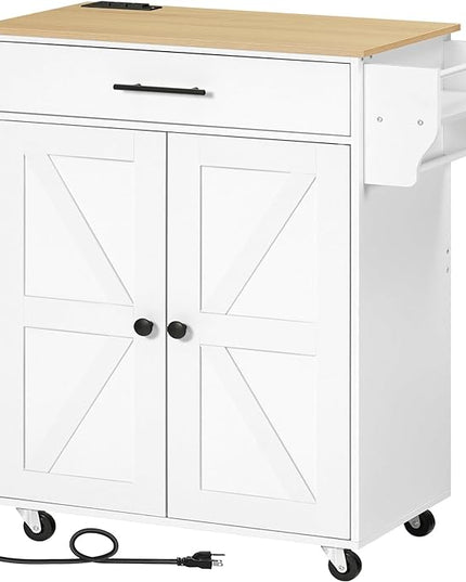 HOOBRO Kitchen Island with Power Outlet, Kitchen Storage Island with Large Worktop, Spice Rack and Drawer, Rolling Kitchen Cart on Wheels, for Kitchen and Dining Room, White and Natural WN88UZD01 - LeafyLoom