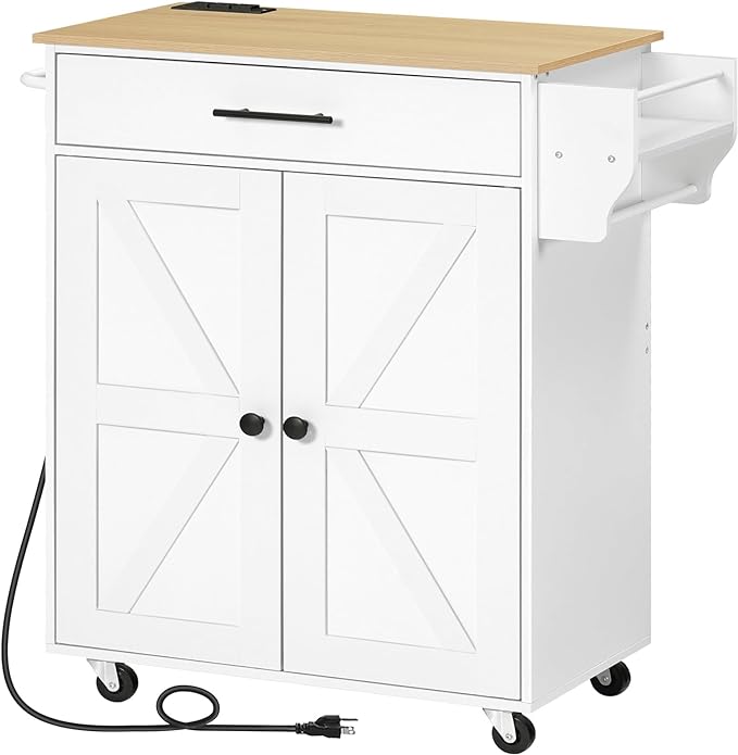 HOOBRO Kitchen Island with Power Outlet, Kitchen Storage Island with Large Worktop, Spice Rack and Drawer, Rolling Kitchen Cart on Wheels, for Kitchen and Dining Room, White and Natural WN88UZD01 - LeafyLoom